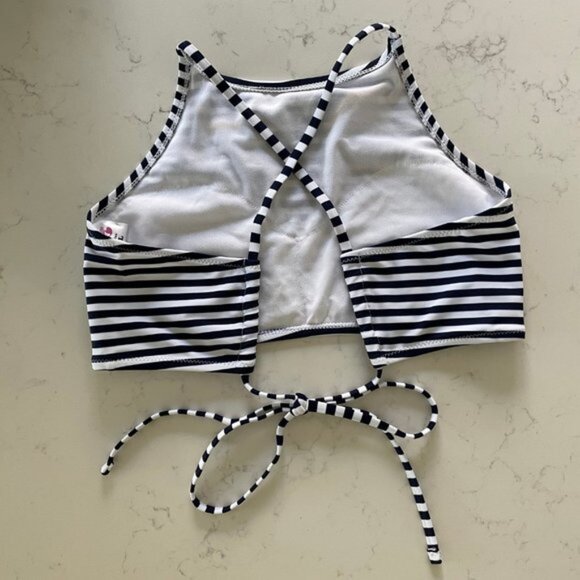 Shekini High Neck Lace Up Back Striped 2 Piece Bikini Set Navy   White Sz L NWOT - Picture 5 of 12